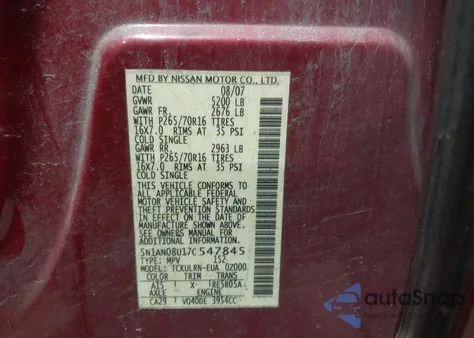 2007 Nissan Xterra S z USA, uszkodzony, nr VIN 5N1AN08U17C547845